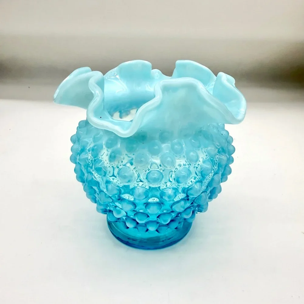 Fenton Home Vase 4.5in Glass Mid-Century Blue Opalescent Hobnail Ruffled